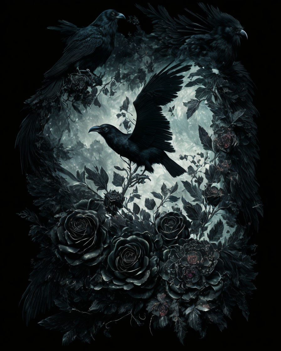 Gothic-themed image: Three ravens around dark blossoms