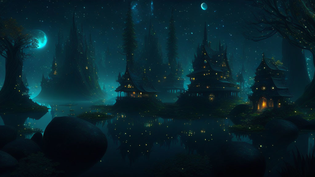 Mystical Night Landscape with Traditional Buildings, Trees, Lake, and Two Moons