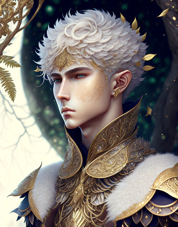 Digital art portrait of person with pale skin and blue eyes, ornate white hairstyle, golden facial adorn