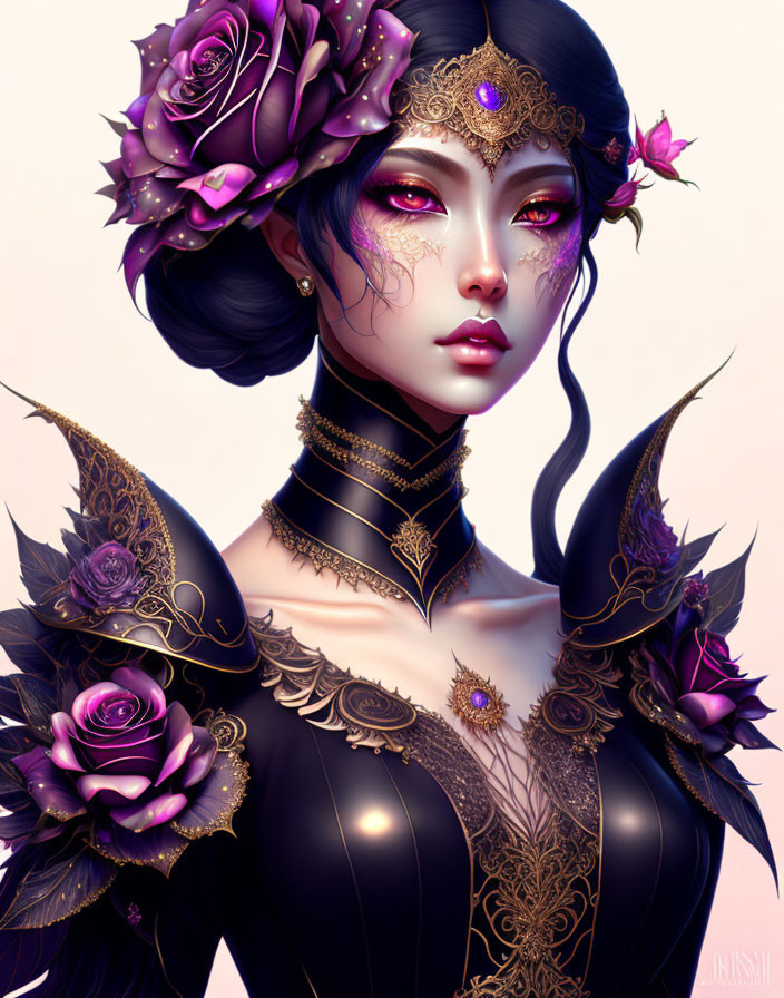 Illustrated female figure with purple hair, golden crown, and ornate armor adorned with roses