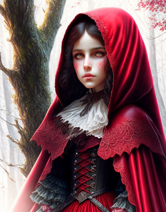 Pale-skinned woman in red hooded cloak by tree in serene setting