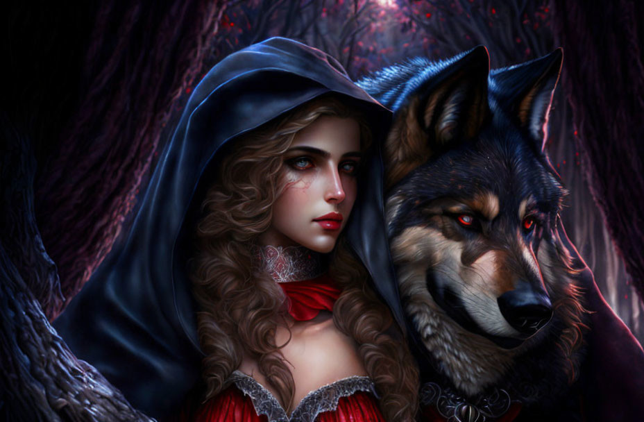 Digital artwork: Woman with curly hair in red dress and cloak next to a wolf in dark forest