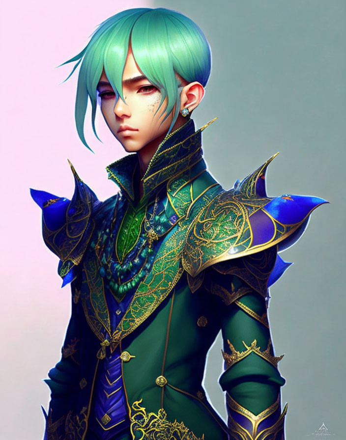 Character with Green Hair in Ornate Green-Gold Armor on Soft Background