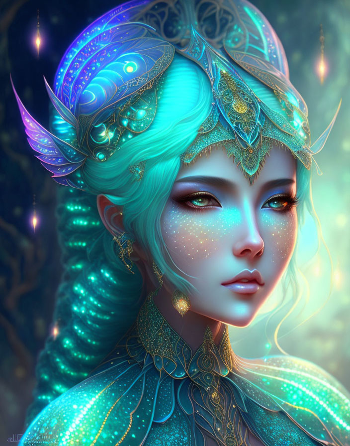 Fantasy Female Character with Turquoise Hair and Ornate Headgear in Mystical Forest