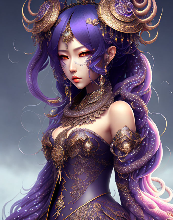 Fantasy character with purple hair and golden headdress in ornate costume