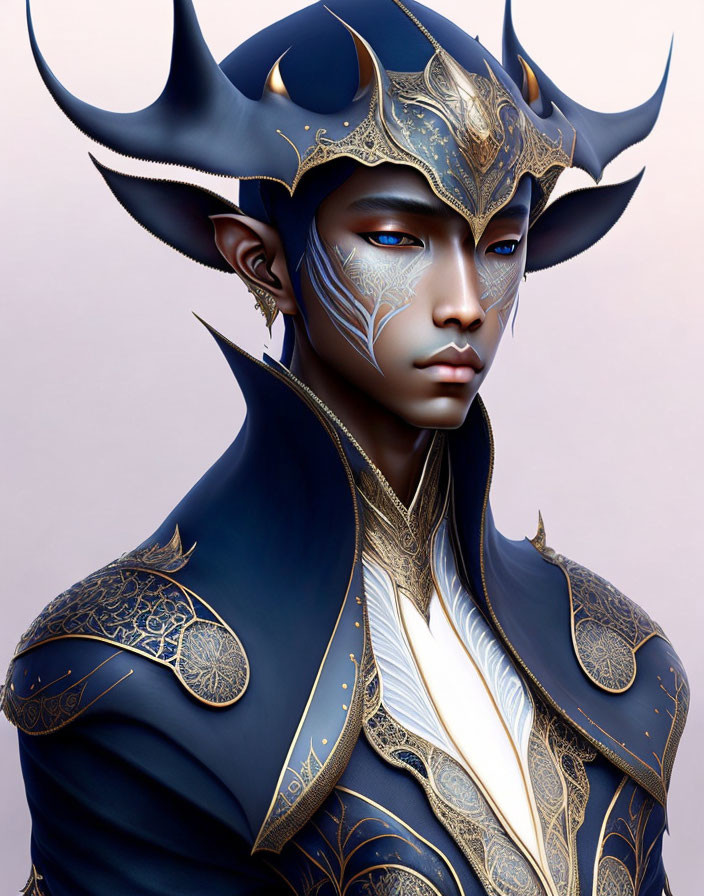 Blue-skinned male fantasy character in golden armor and horned headdress