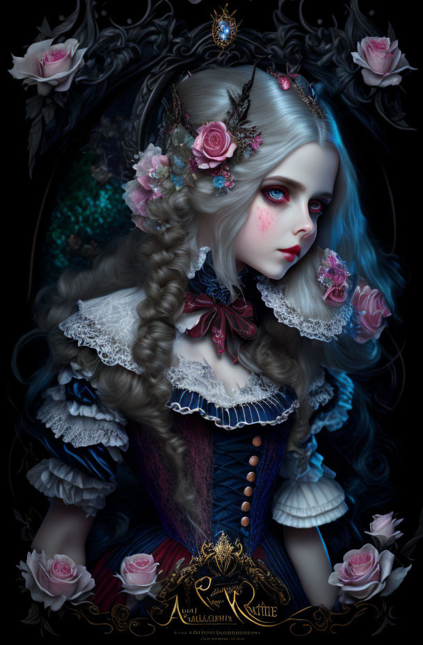 Pale young woman in gothic fantasy attire among dark roses