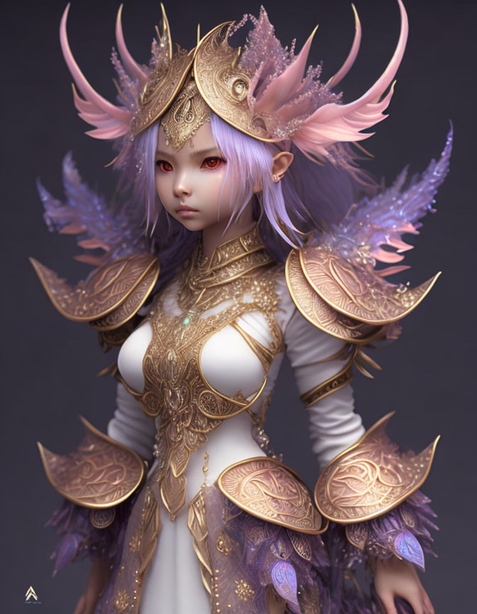 Fantasy illustration of character in ornate gold armor with purple eyes and hair