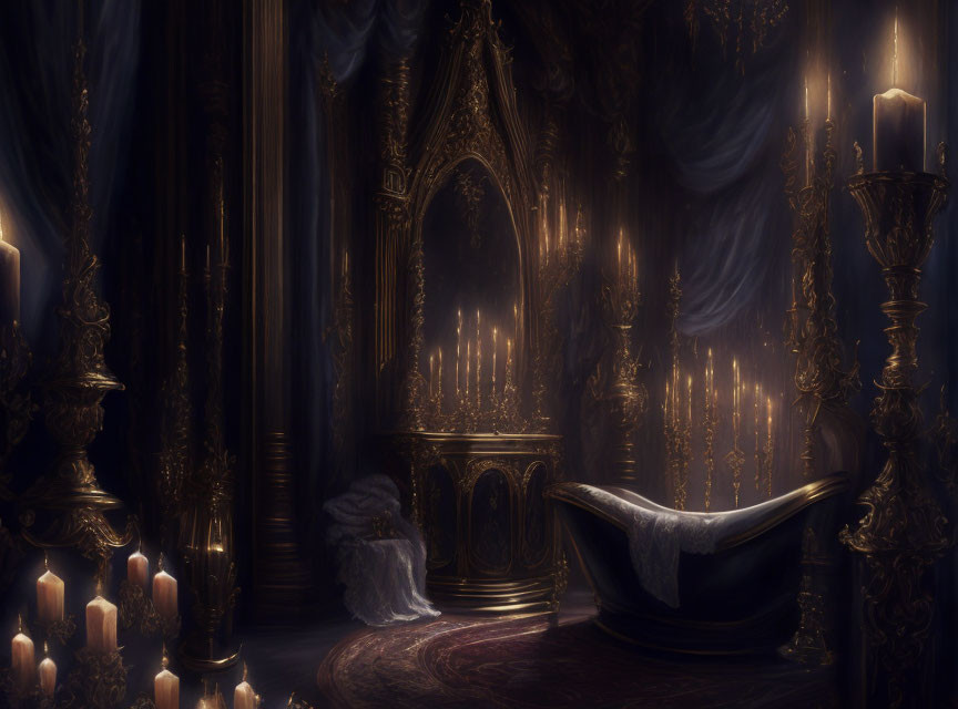 Opulent Gothic-themed room with ornate throne, chaise lounge, candles, and draperies