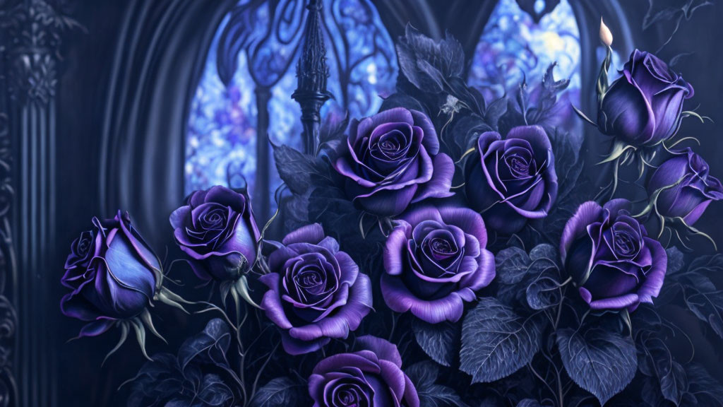 Purple Rose Bouquet in Gothic Setting with Candlelight