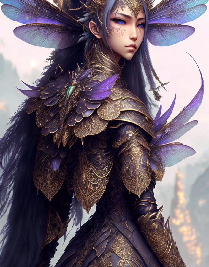 Illustrated female character with iridescent wings and dark armor.