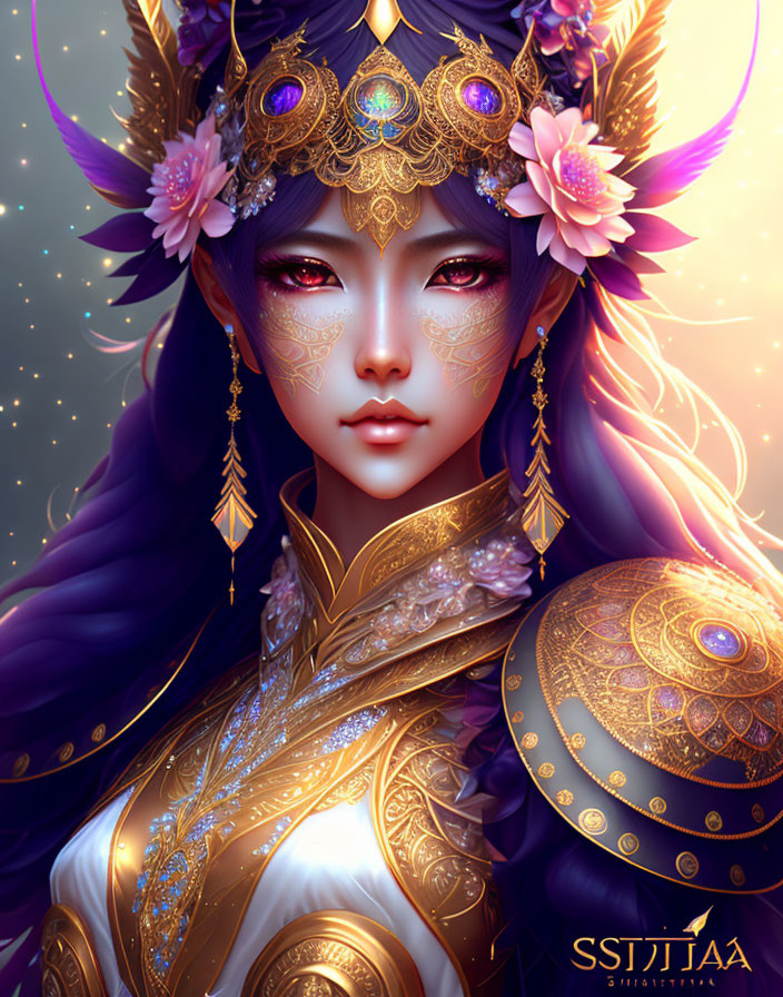 Fantasy female character with gold jewelry and ornate headdress against starry backdrop