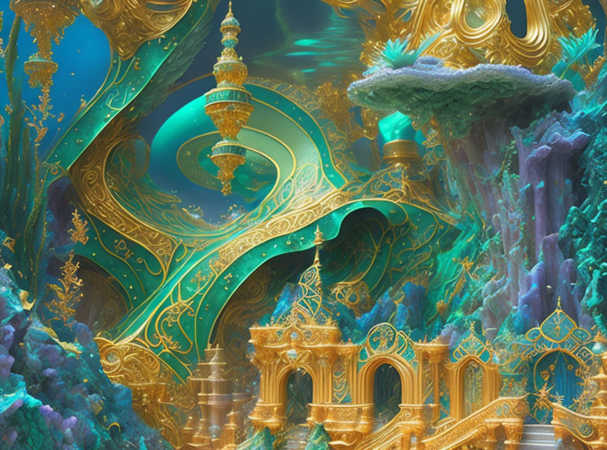 Fantastical Landscape with Golden Architecture and Floating Islands