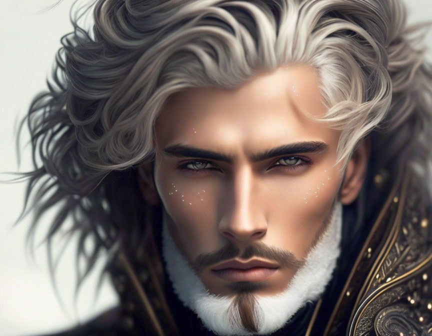 Man with White Hair, Beard, Intense Eyes, and Ornate Clothing with Gold Accents