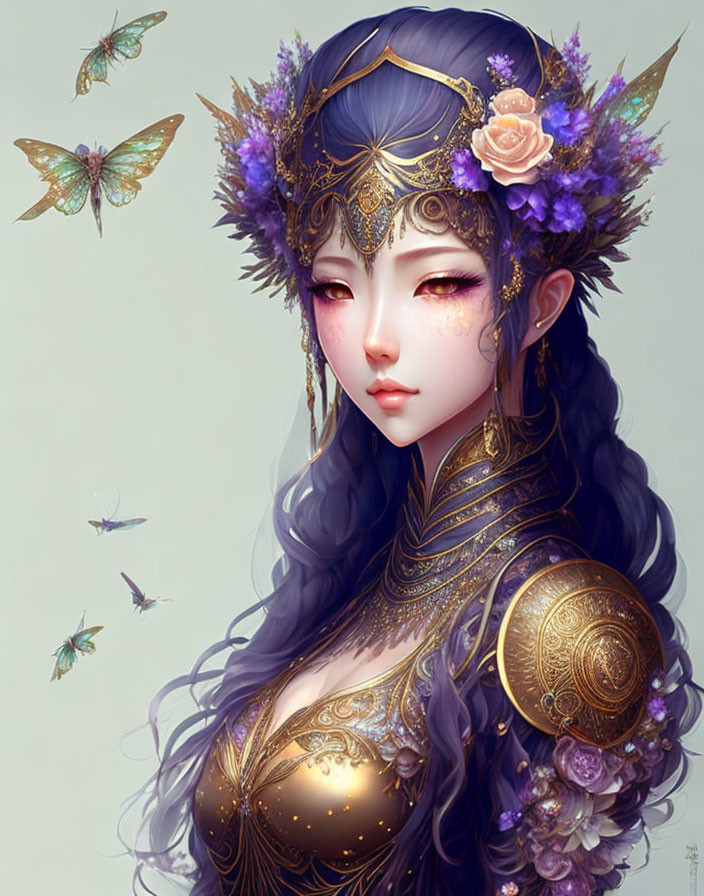 Fantasy female character with long wavy purple hair and ornate golden headdress surrounded by butterflies