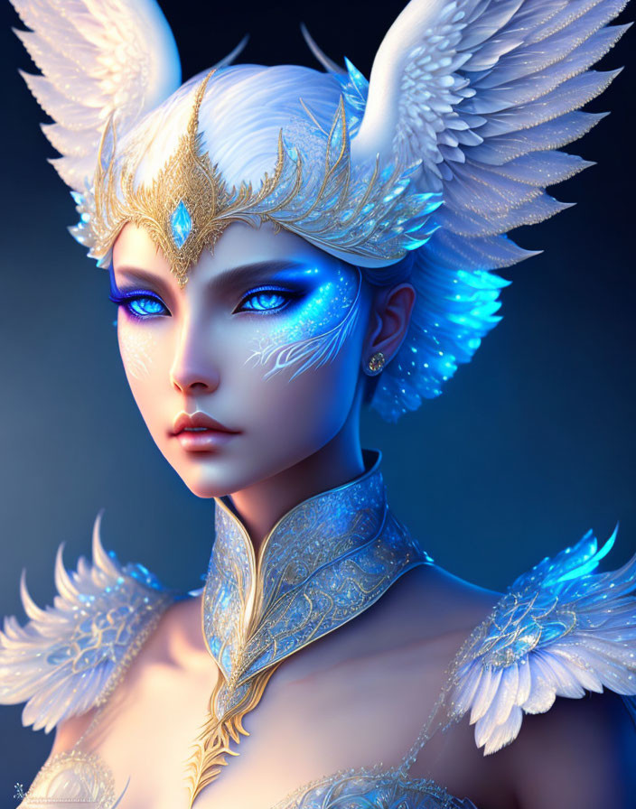 Fantasy illustration of female character with blue skin, angelic wings, headdress, and facial markings