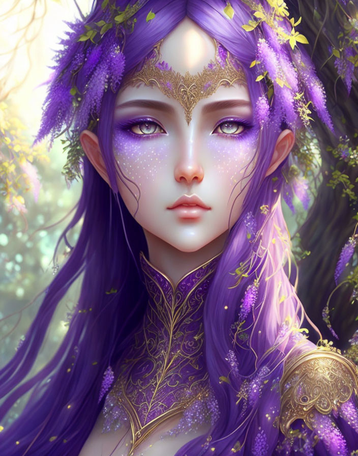 Fantasy character with purple skin and violet hair in mystical setting