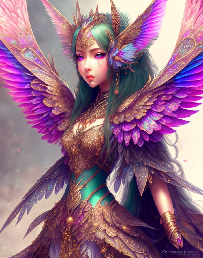 Colorful female figure with ornate armor and feathered hair.