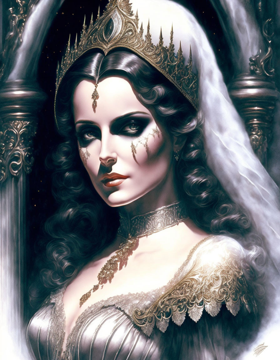 Regal queen illustration with crown, dark hair, and white dress