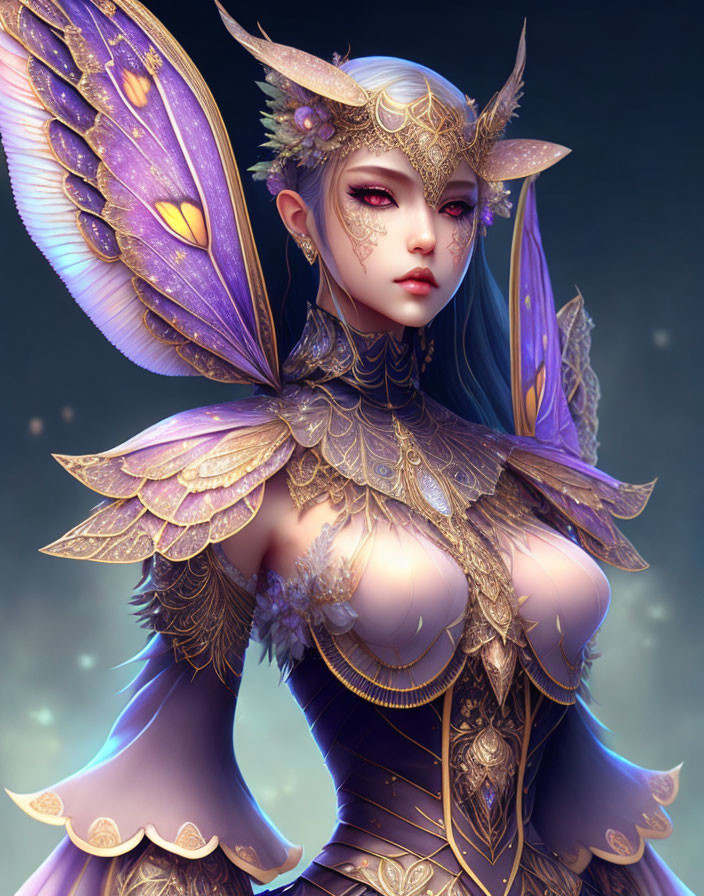 Fantasy female character with elf-like ears, golden headpiece, purple wings, and ornate armor