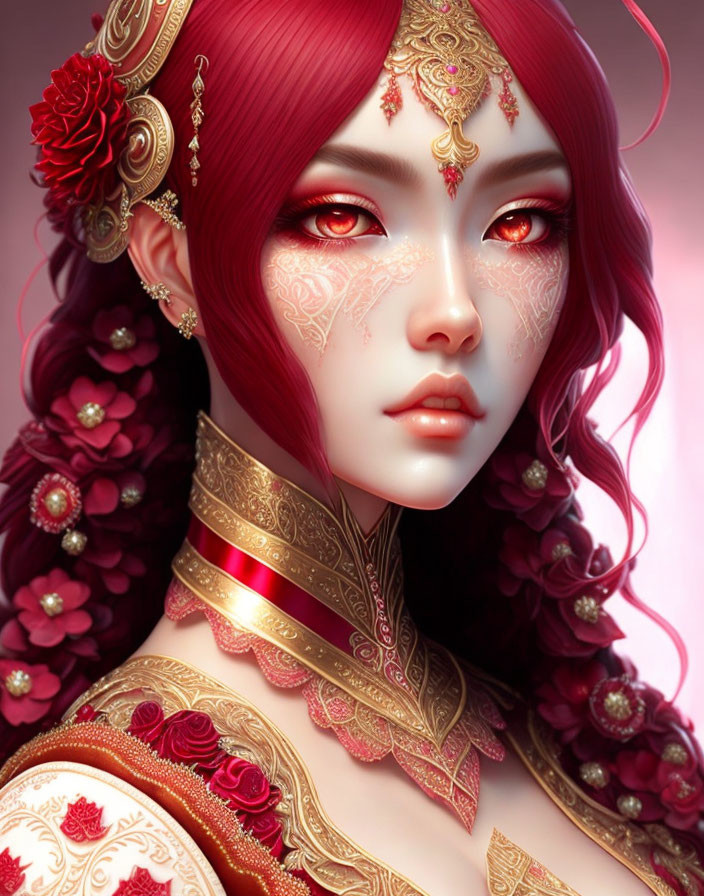 Fantasy portrait of woman with red hair, glowing eyes, gold jewelry, and intricate facial markings among