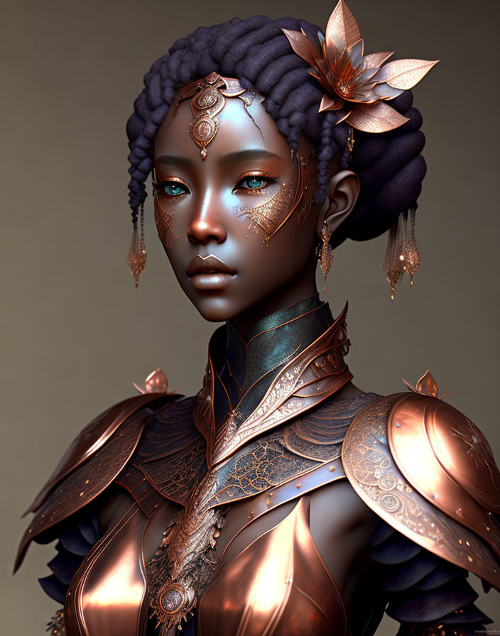 Digital portrait of a woman in ornate copper armor and jewelry with intricate engravings.