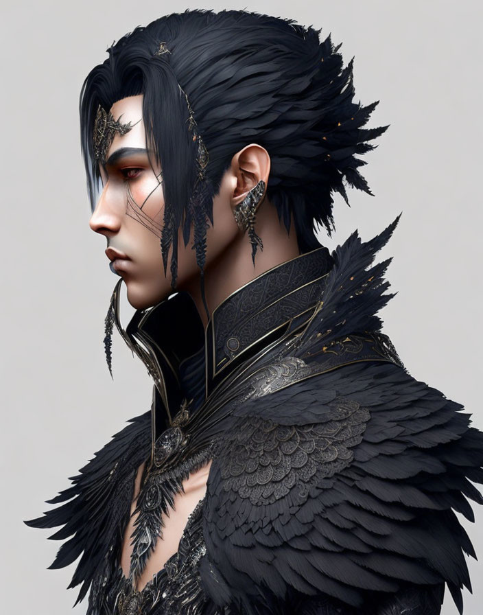 Detailed digital portrait of a male figure in black feathered attire with gold-trimmed ear jewelry,