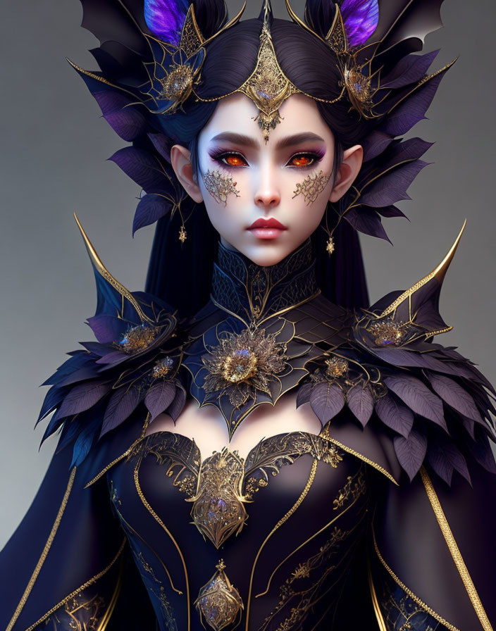 Character with Elaborate Purple and Gold Headdress, Detailed Makeup, and Ornate Armor with Floral