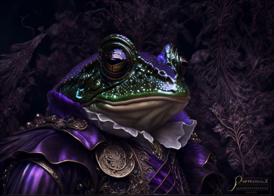 Regal frog in ornate purple attire