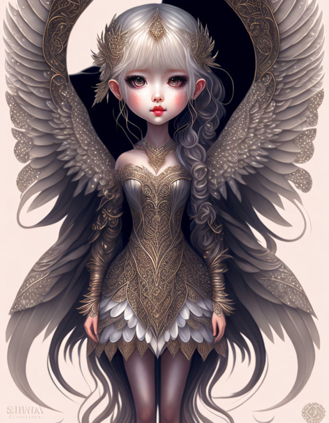 Detailed illustration of a winged elf character in ornate armor