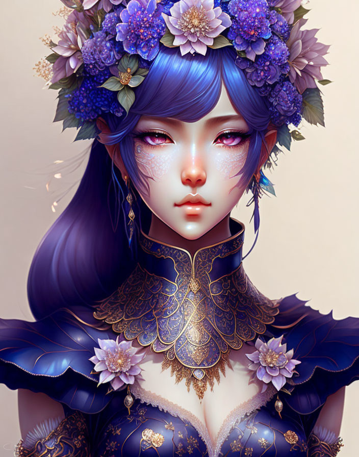 Illustration of person with blue hair, purple eyes, floral headpiece, elegant blue and gold outfit