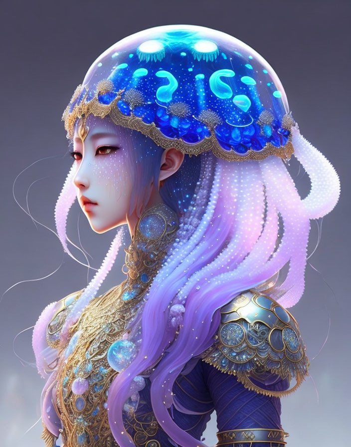 Fantasy character with jellyfish-like headdress and ornate armor