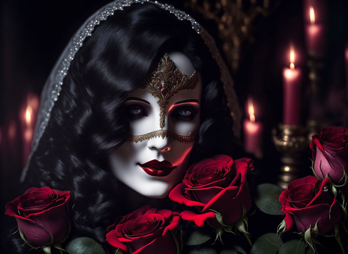 Mysterious woman with masquerade mask, red roses, and candles