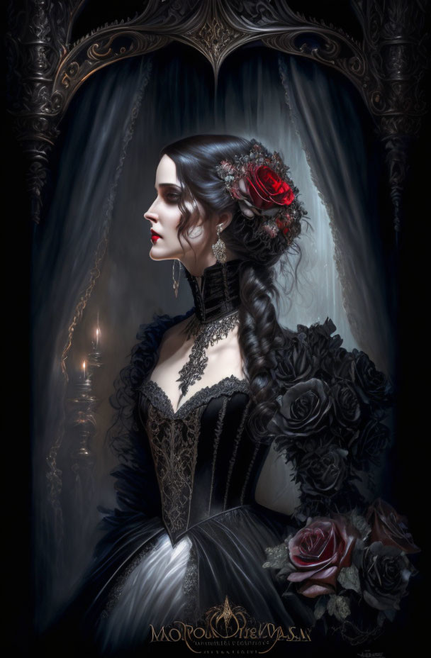 Victorian woman in dark gown with red rose by candlelit mirror