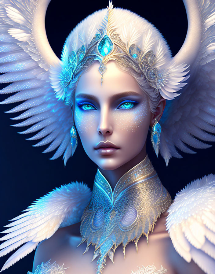 Fantasy-themed art: Woman with blue eyes, silver and white feathered accessories.