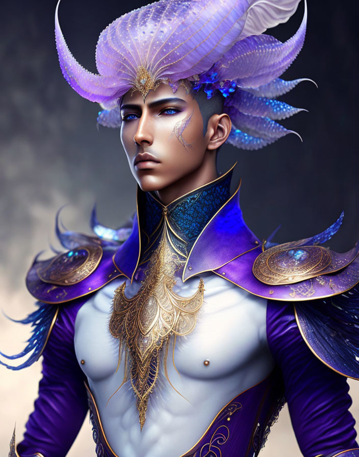 Blue-skinned character in ornate golden attire with purple details and feathered headdress