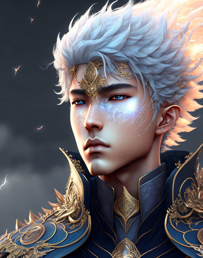 Stylized digital art: Male figure with white hair, blue eyes, ornate gold armor