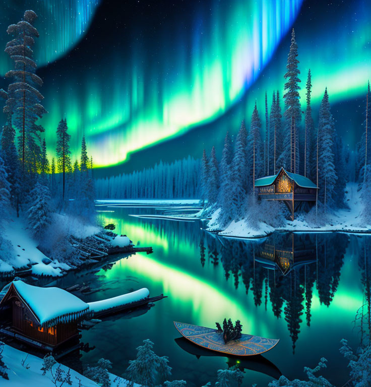 Northern Lights shimmer over snowy landscape with cabin, lake, and boat