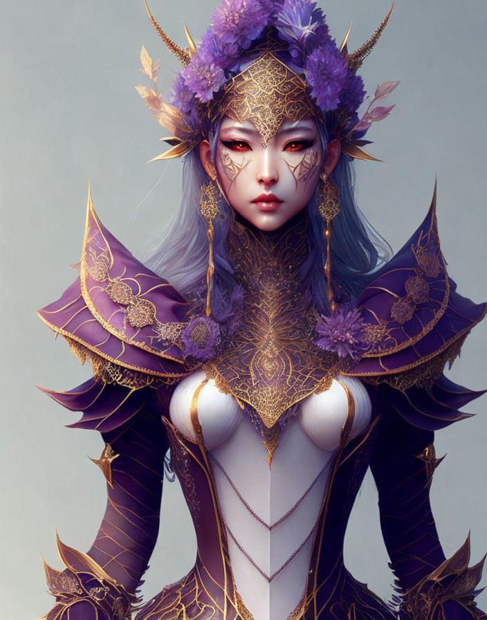 Fantastical Female Character in Purple and Gold Armor with Floral Headdress