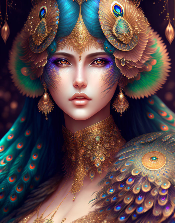 Illustrated female figure with peacock feather headdress and vibrant blue & green color tones.