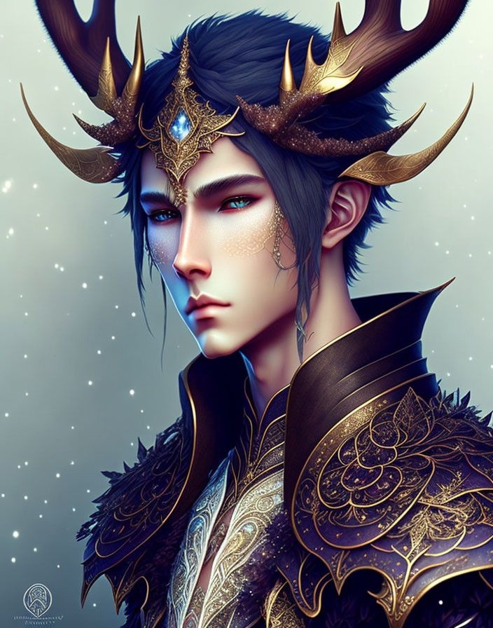 Majestic male figure with antler-like crown and ornate armor on starry backdrop