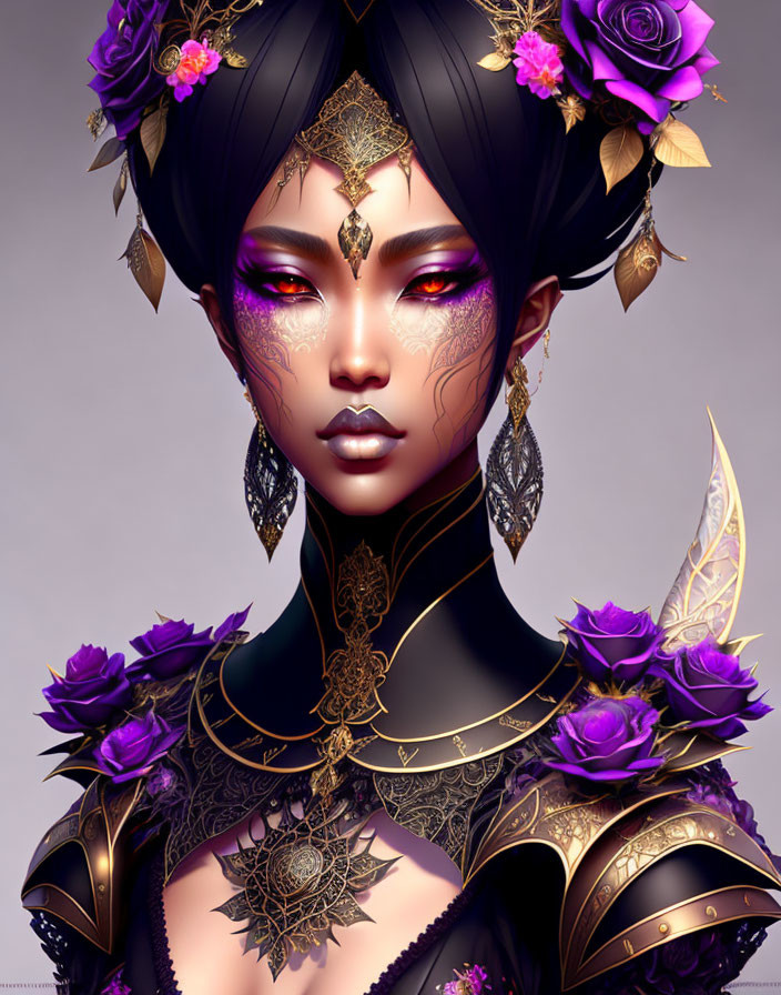 Fantasy female character portrait with purple eyes, golden jewelry, tattoos, and purple roses.