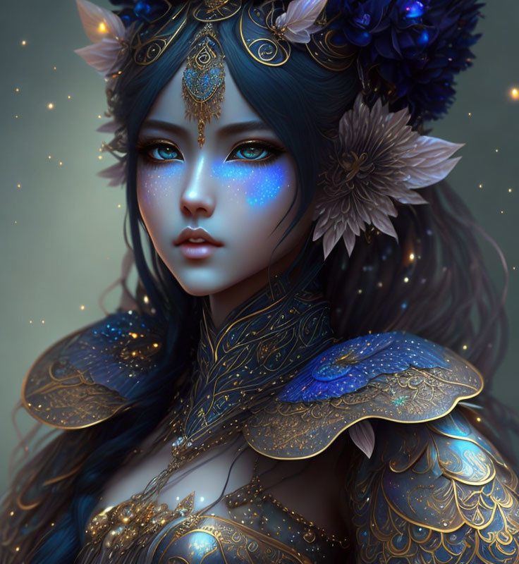 Fantasy portrait of woman with blue skin, galaxy eyes, gold and blue floral armor, feathered