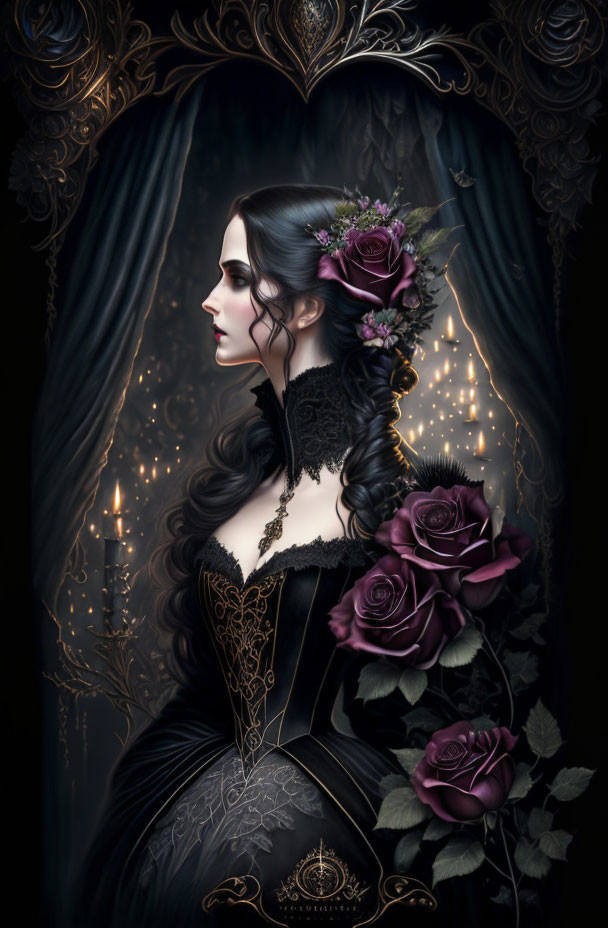 Ethereal woman with dark roses and lace in ornate frame.