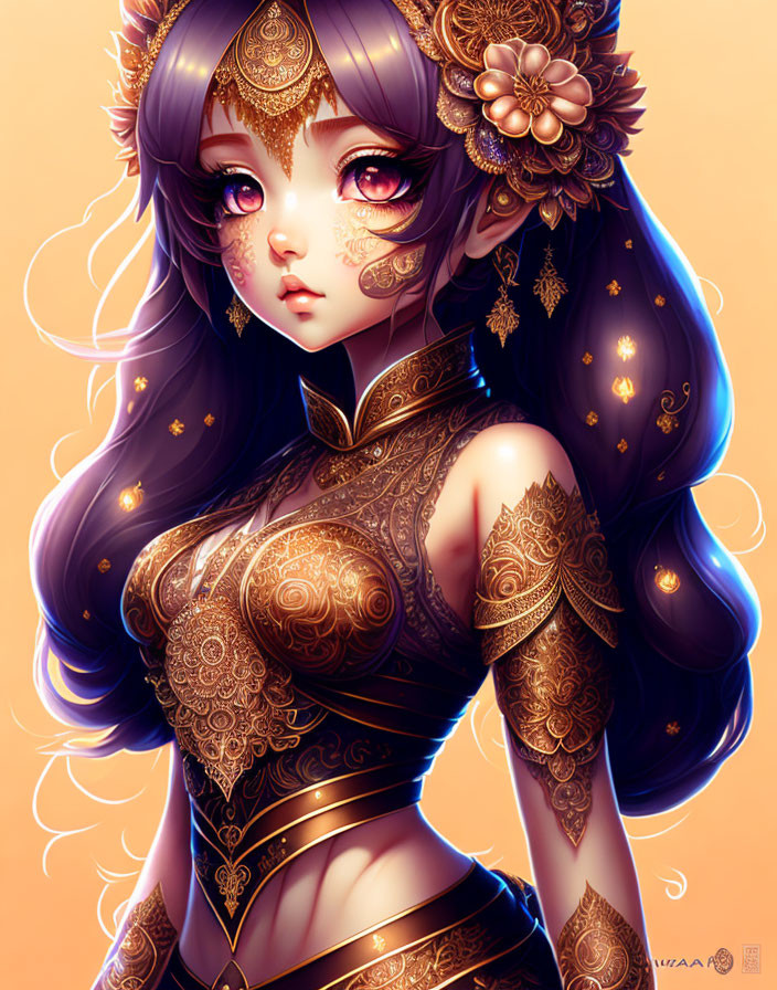 Illustrated female character with purple hair, gold jewelry, tattoos, and Chinese attire