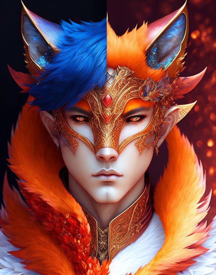 Vibrant orange and blue fox character with ornate mask on dark background