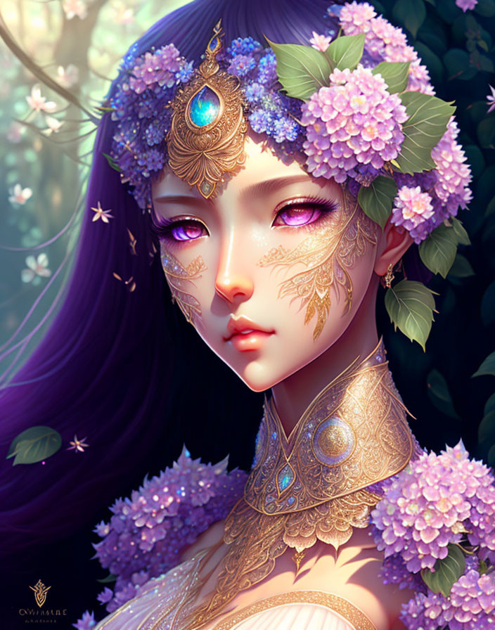 Illustrated female character with purple hair, floral headpiece, gold tattoos, and surrounded by flowers