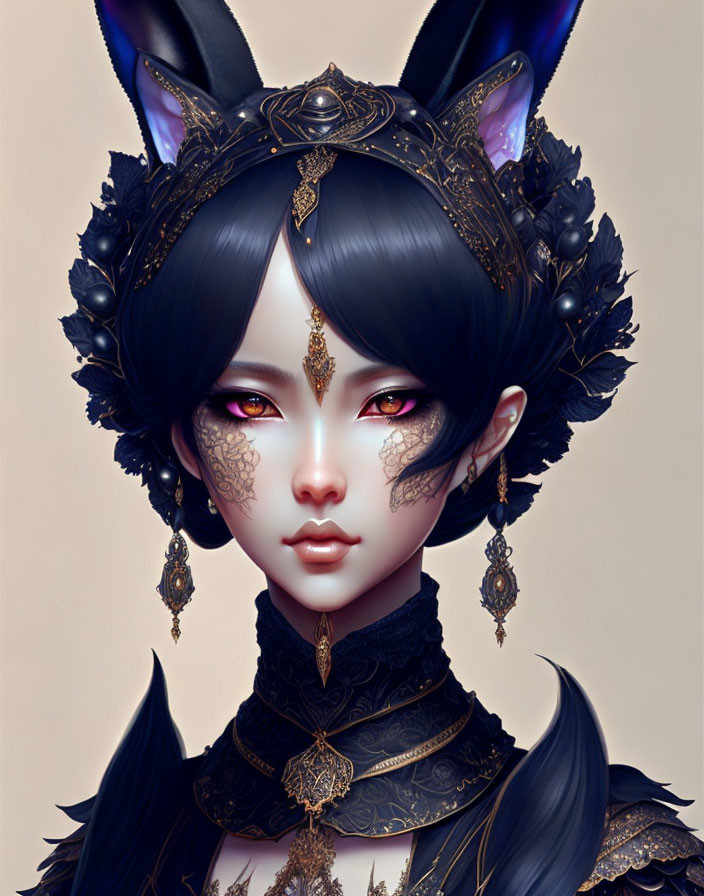 Digital portrait of female character with feline ears, gold headdress, ornate jewelry, red eyes