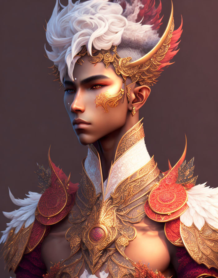 Fantasy character with white spiked hair in regal red and gold armor