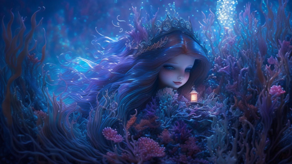 Mystical woman with crown and lantern in glowing coral underwater scene